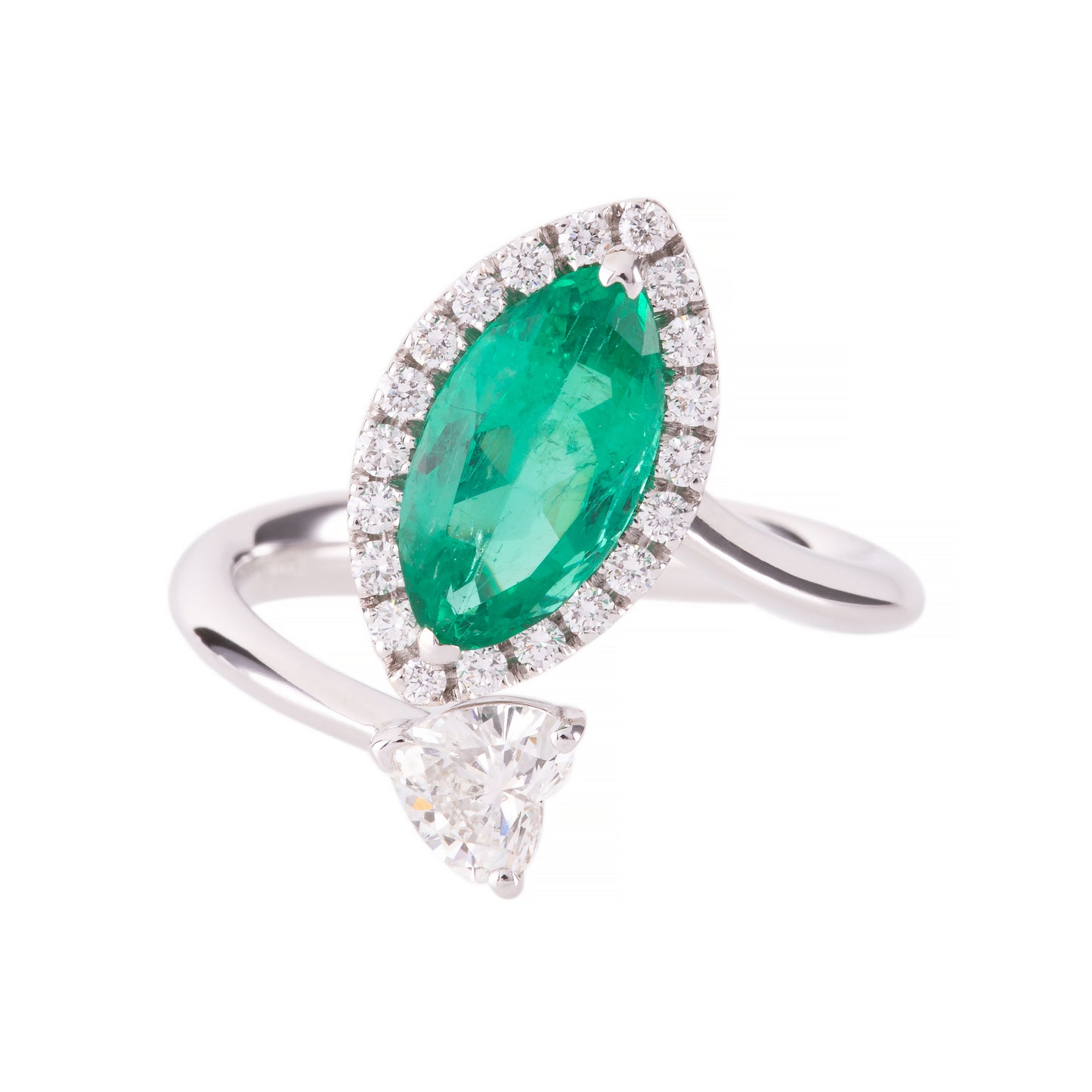 CRIVELLI RING WITH SHUTTLE EMERALD AND NATURAL HEART DIAMONDS