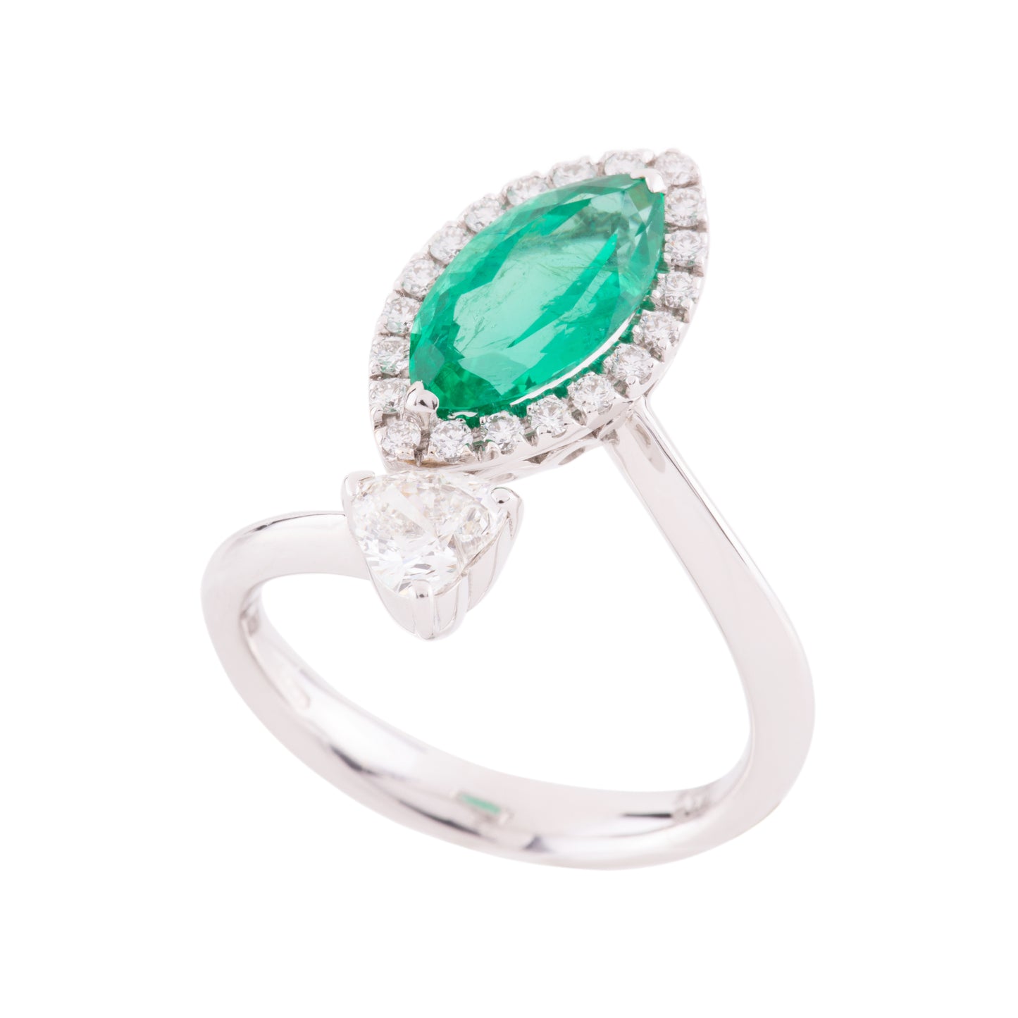 CRIVELLI RING WITH SHUTTLE EMERALD AND NATURAL HEART DIAMONDS