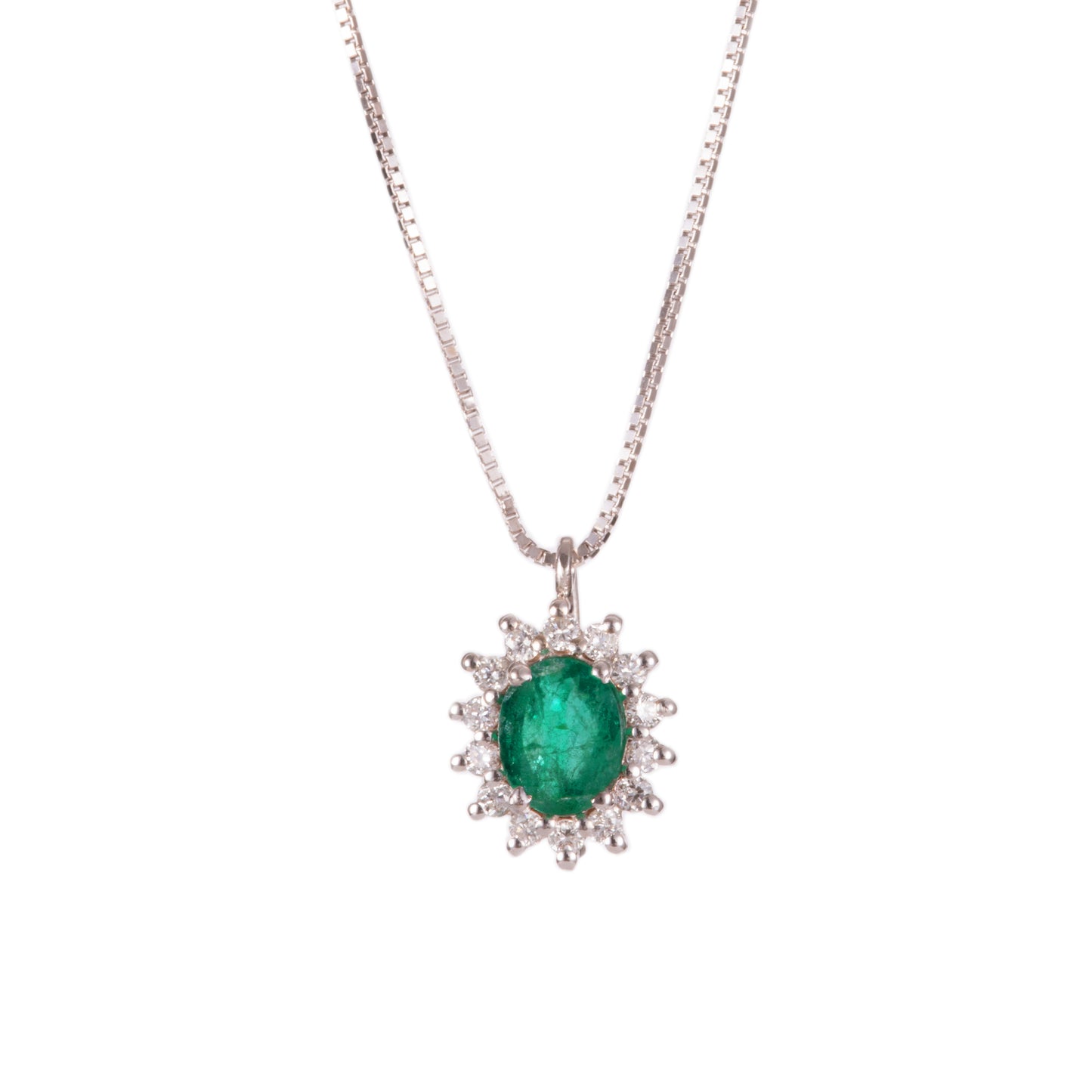 ART GOLD NECKLACE IN WHITE GOLD AND OVAL NATURAL EMERALD